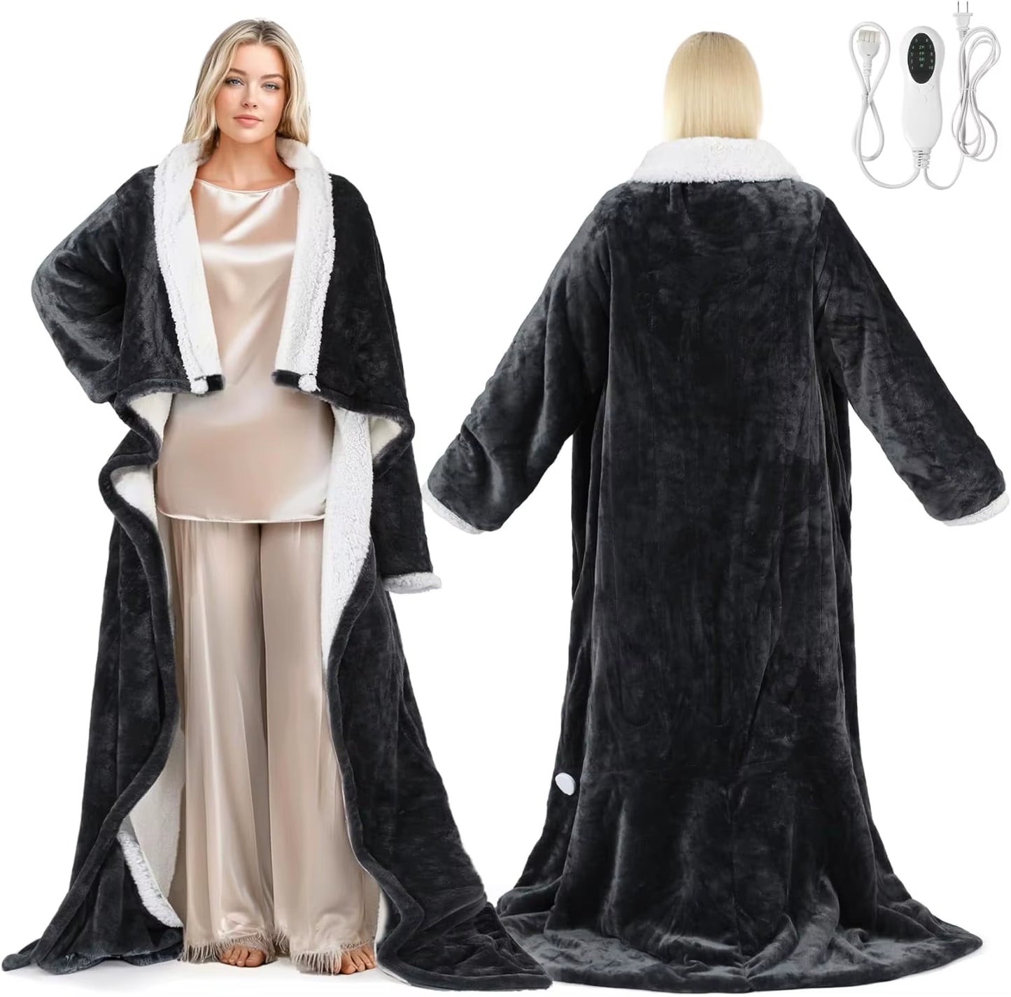 Electric Wearable Heated Blanket with Foot Pocket, Heated Blanket Wearable with Sleeves, Flannel & Sherpa Electric Throw Blanket