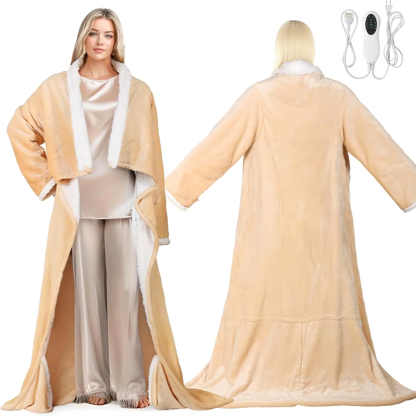 Electric Wearable Heated Blanket with Foot Pocket, Heated Blanket Wearable with Sleeves, Flannel & Sherpa Electric Throw Blanket