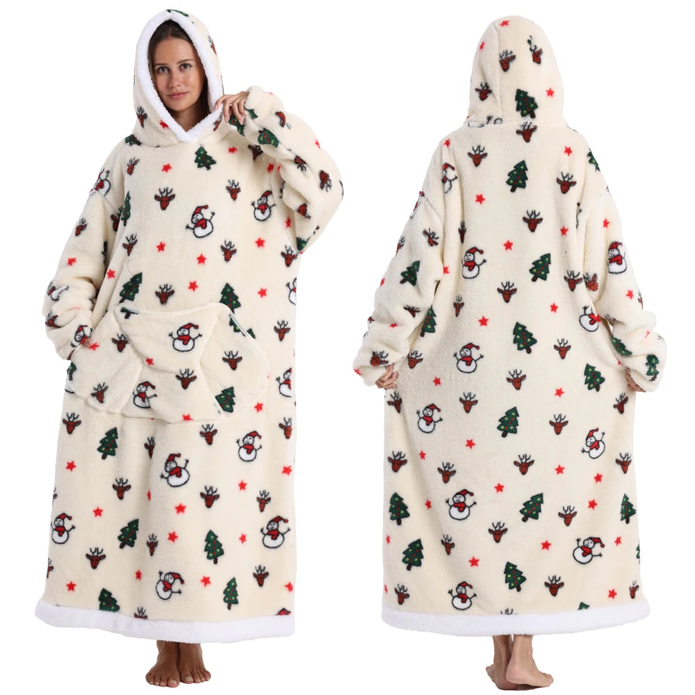 Super‑Long Fleece Blanket Hoodie – Cozy Christmas & Holiday Designs, Warm Oversized Pullover