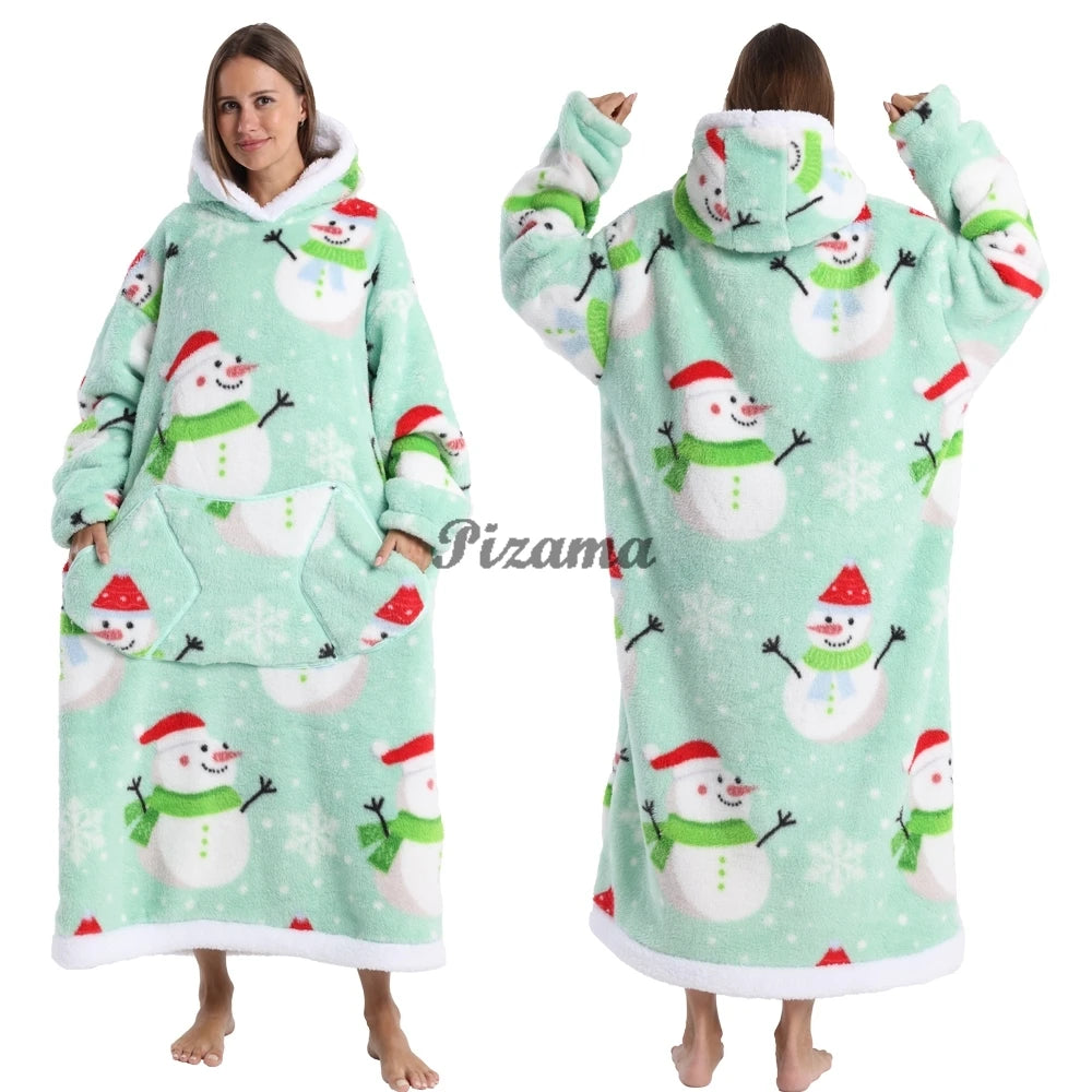 Super‑Long Fleece Blanket Hoodie – Cozy Christmas & Holiday Designs, Warm Oversized Pullover