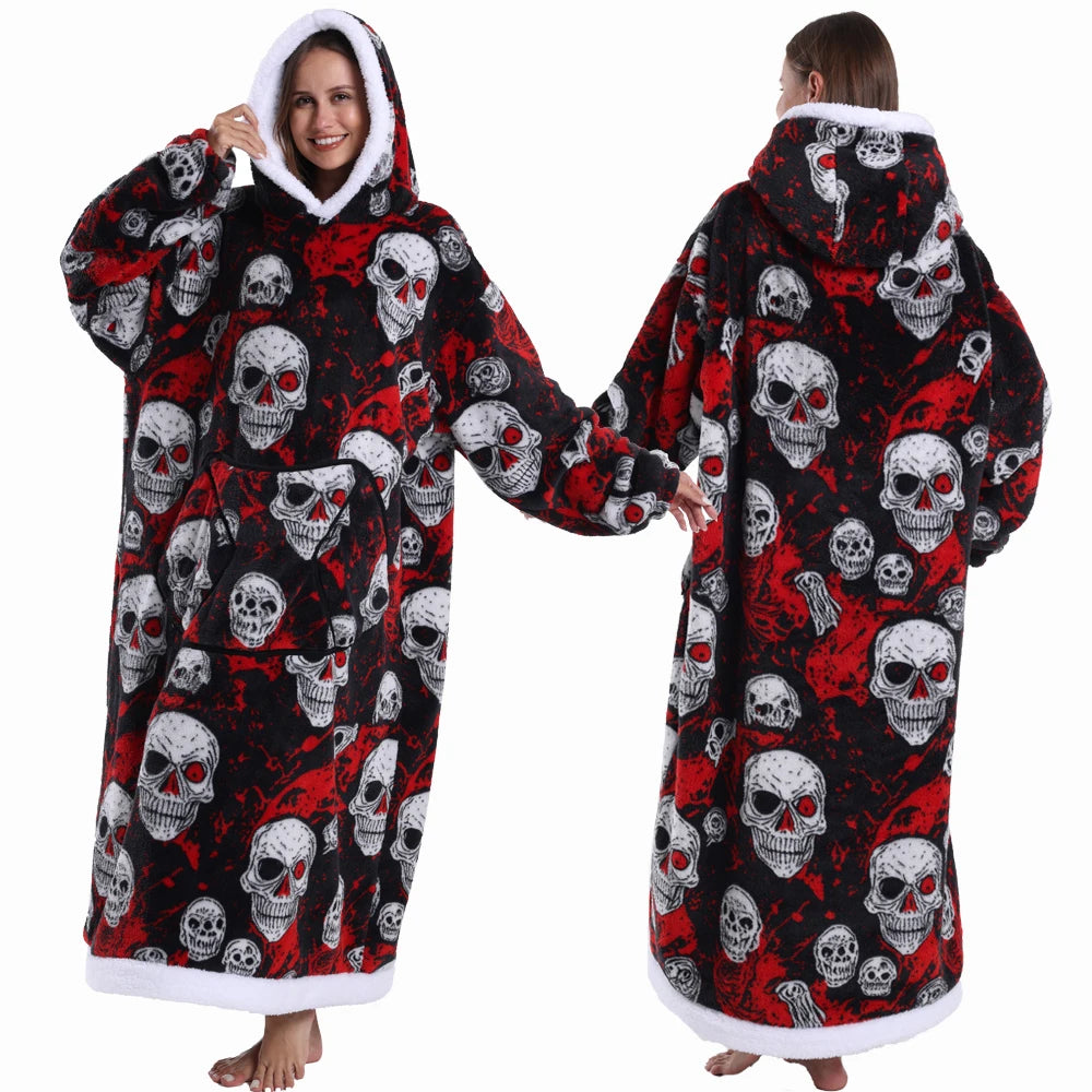 Super‑Long Fleece Blanket Hoodie – Cozy Christmas & Holiday Designs, Warm Oversized Pullover