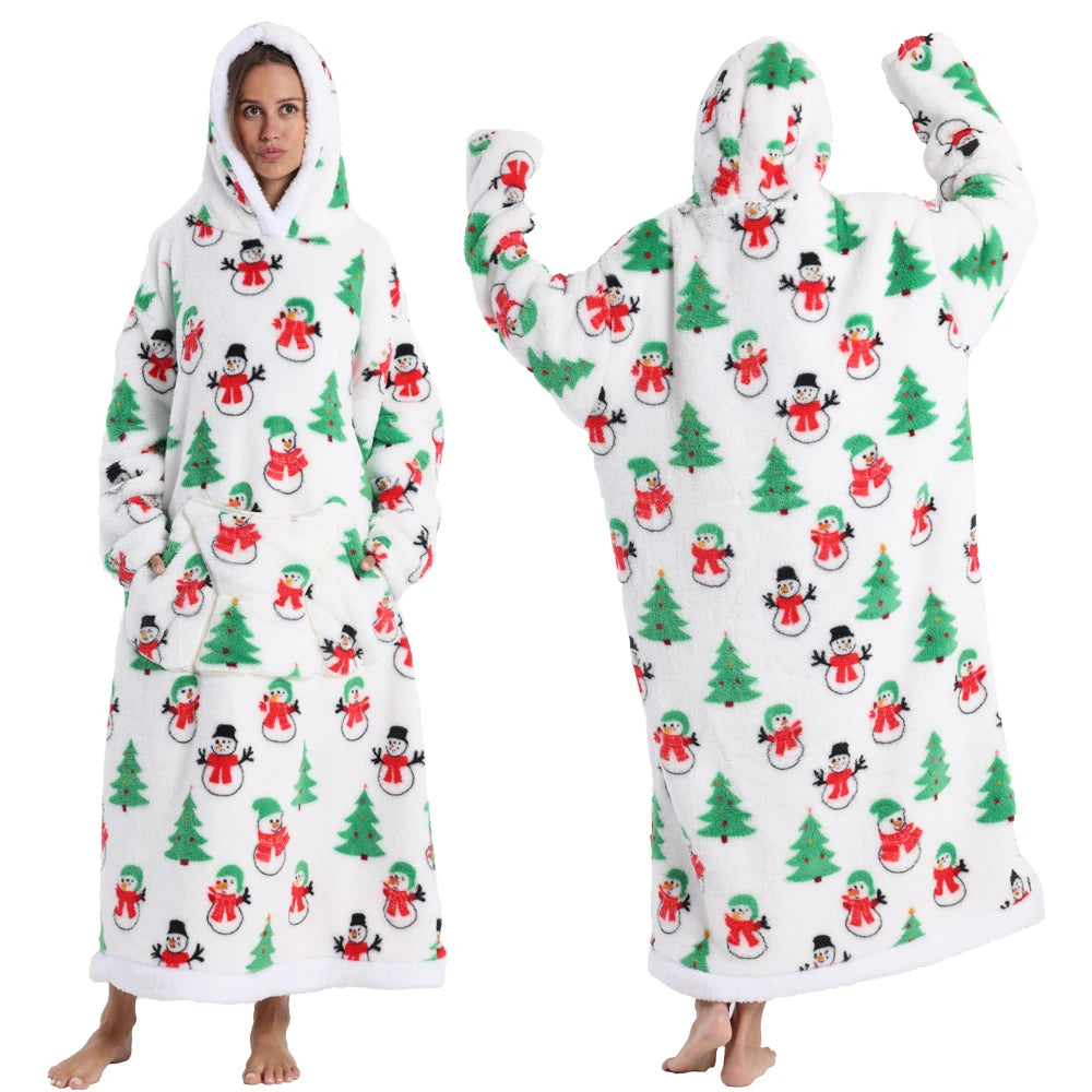 Super‑Long Fleece Blanket Hoodie – Cozy Christmas & Holiday Designs, Warm Oversized Pullover
