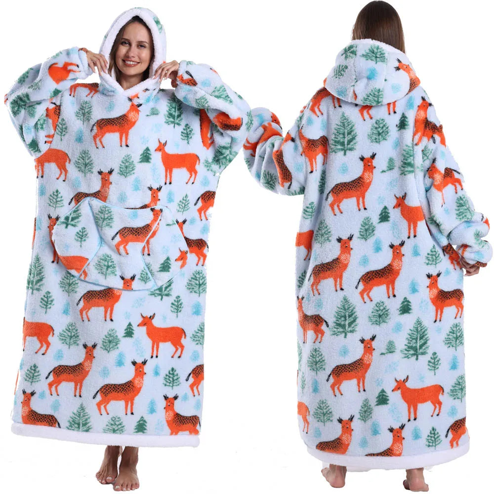 Super‑Long Fleece Blanket Hoodie – Cozy Christmas & Holiday Designs, Warm Oversized Pullover