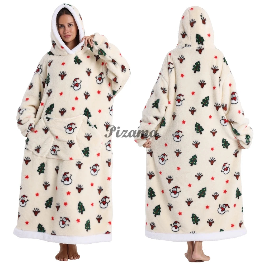 Super‑Long Fleece Blanket Hoodie – Cozy Christmas & Holiday Designs, Warm Oversized Pullover