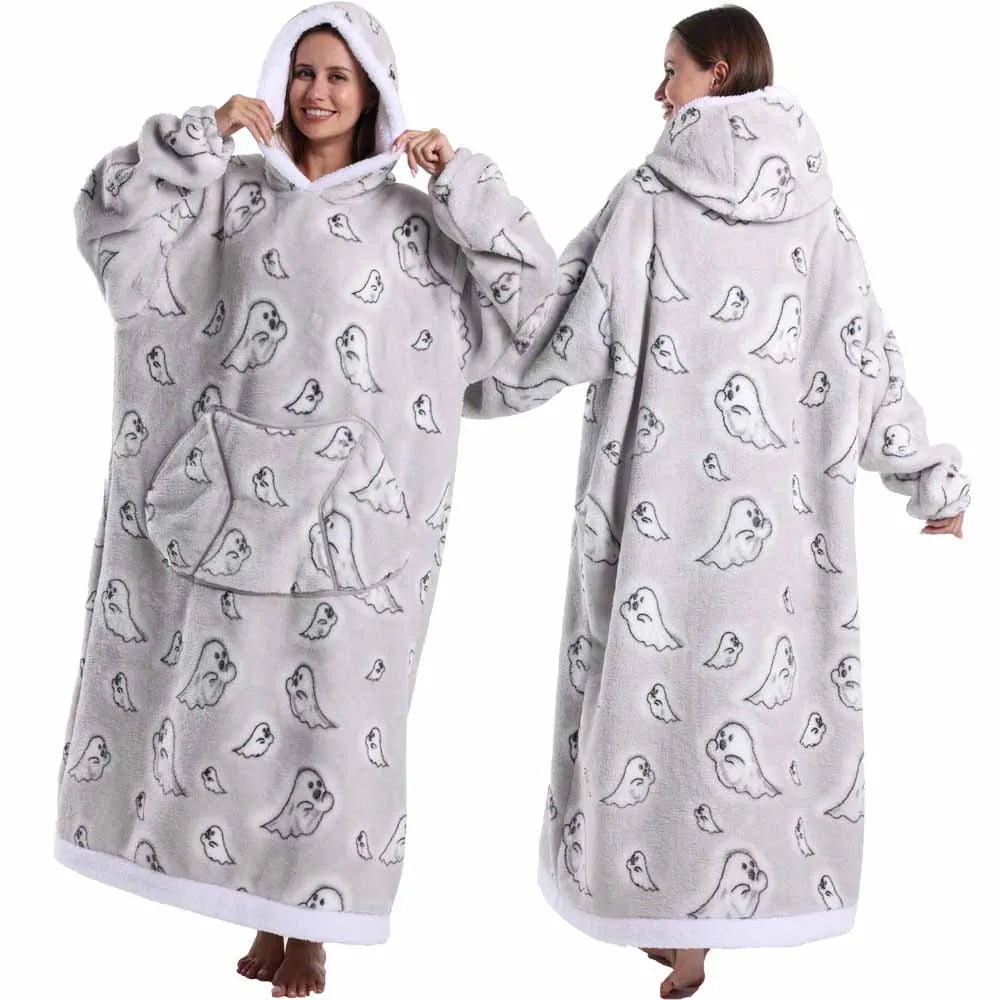 Super‑Long Fleece Blanket Hoodie – Cozy Christmas & Holiday Designs, Warm Oversized Pullover