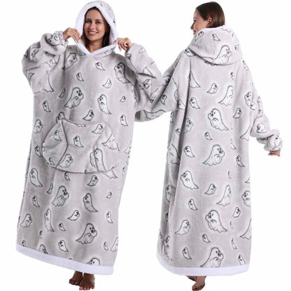 Super‑Long Fleece Blanket Hoodie – Cozy Christmas & Holiday Designs, Warm Oversized Pullover