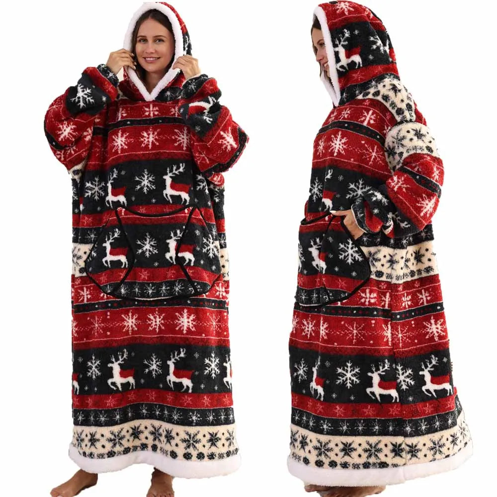 Super‑Long Fleece Blanket Hoodie – Cozy Christmas & Holiday Designs, Warm Oversized Pullover