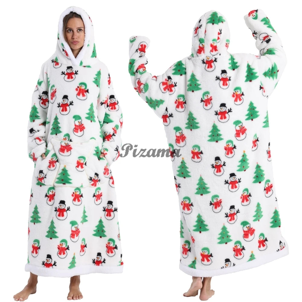 Super‑Long Fleece Blanket Hoodie – Cozy Christmas & Holiday Designs, Warm Oversized Pullover