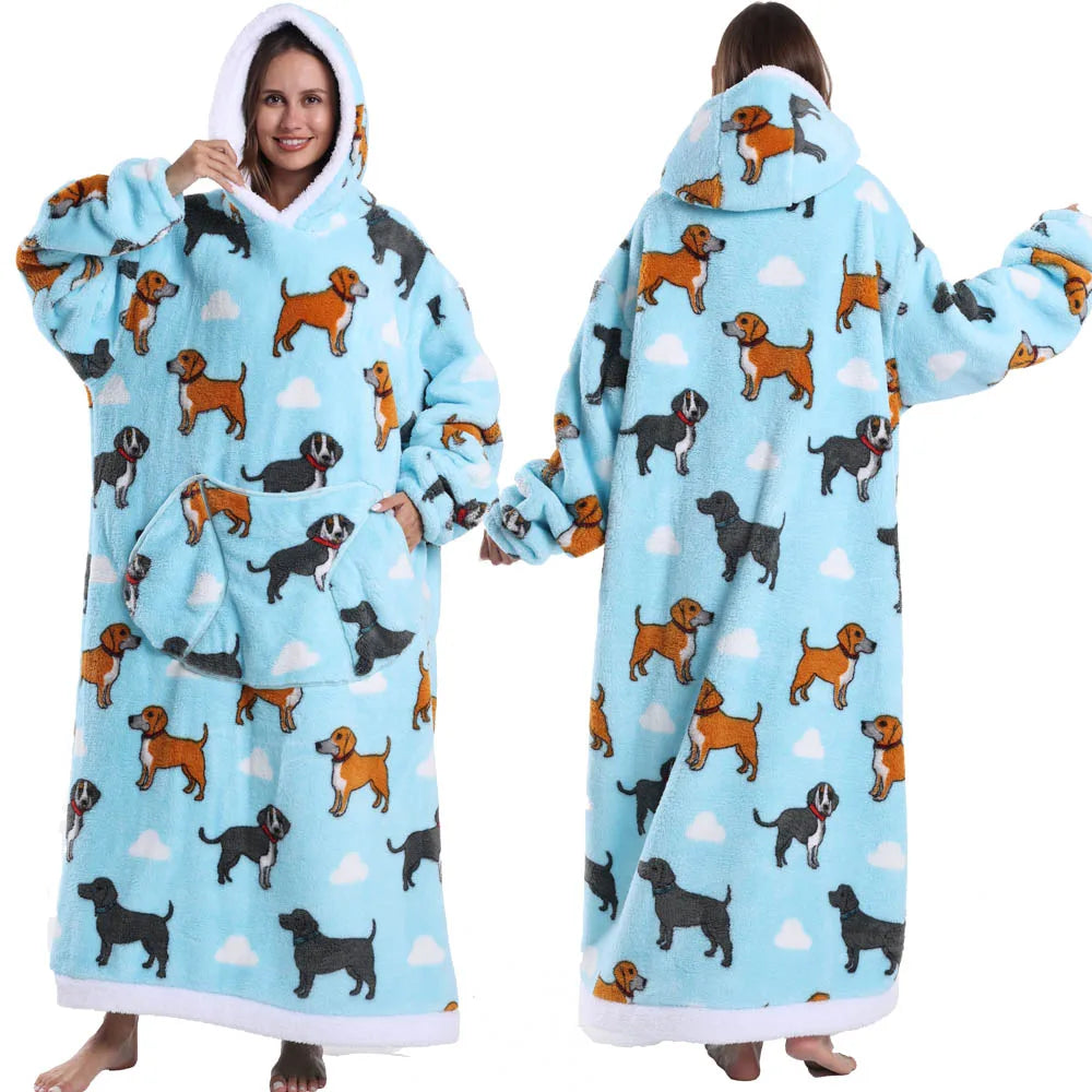 Super‑Long Fleece Blanket Hoodie – Cozy Christmas & Holiday Designs, Warm Oversized Pullover