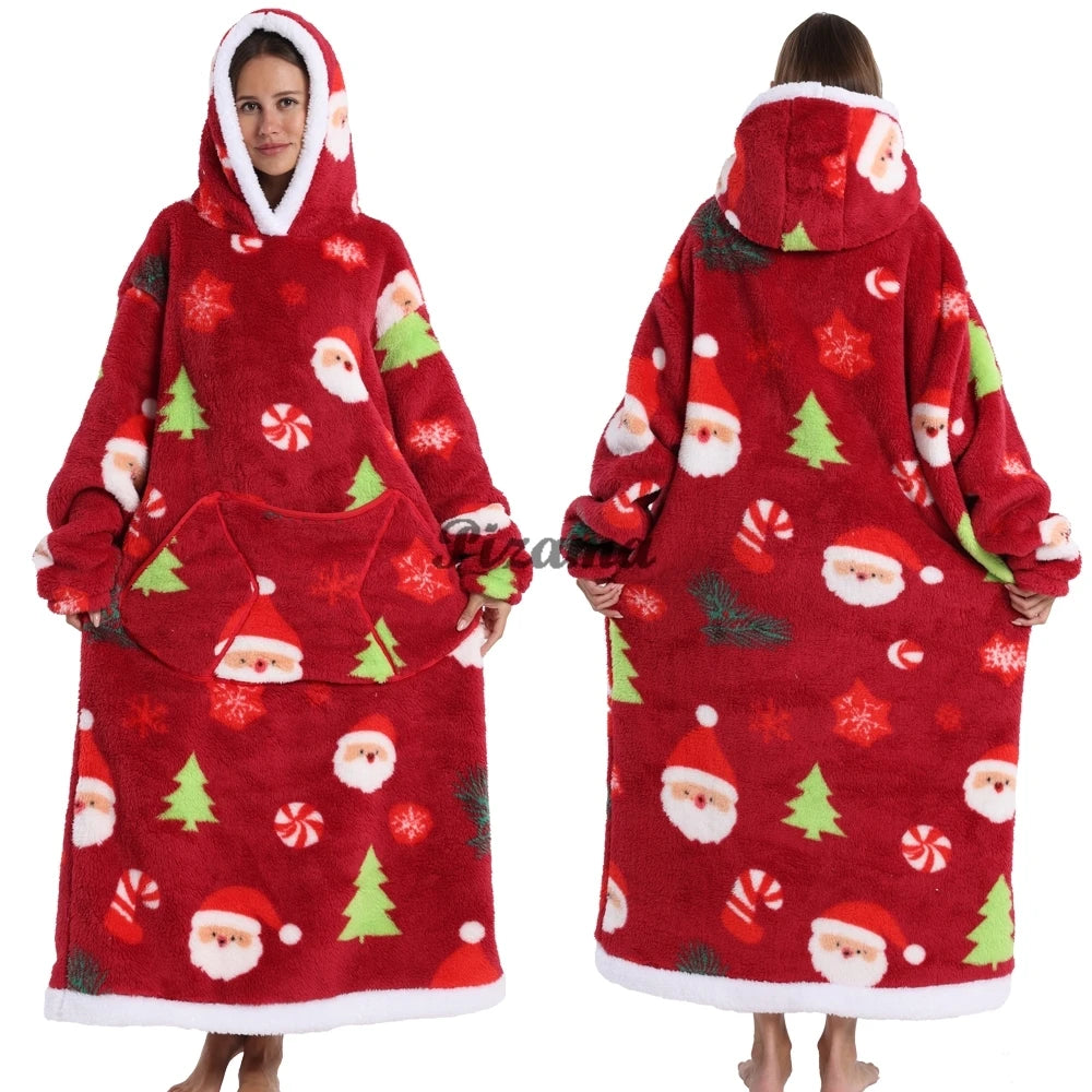 Super‑Long Fleece Blanket Hoodie – Cozy Christmas & Holiday Designs, Warm Oversized Pullover