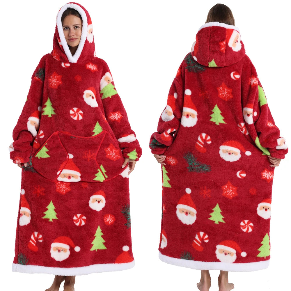 Super‑Long Fleece Blanket Hoodie – Cozy Christmas & Holiday Designs, Warm Oversized Pullover