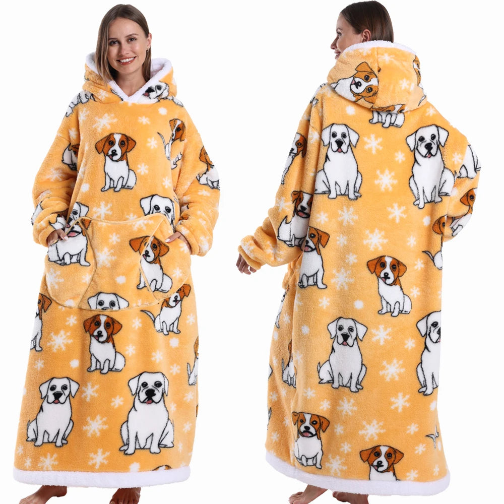 Super‑Long Fleece Blanket Hoodie – Cozy Christmas & Holiday Designs, Warm Oversized Pullover