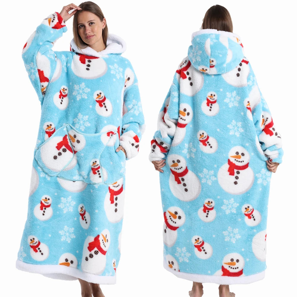 Super‑Long Fleece Blanket Hoodie – Cozy Christmas & Holiday Designs, Warm Oversized Pullover