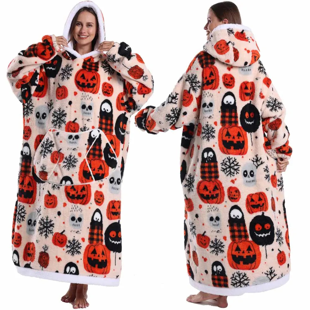 Super‑Long Fleece Blanket Hoodie – Cozy Christmas & Holiday Designs, Warm Oversized Pullover