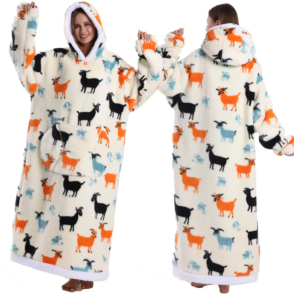 Super‑Long Fleece Blanket Hoodie – Cozy Christmas & Holiday Designs, Warm Oversized Pullover