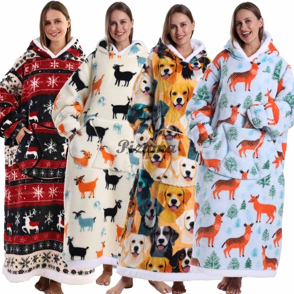 Super‑Long Fleece Blanket Hoodie – Cozy Christmas & Holiday Designs, Warm Oversized Pullover
