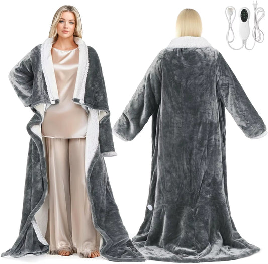 Electric Wearable Heated Blanket with Foot Pocket, Heated Blanket Wearable with Sleeves, Flannel & Sherpa Electric Throw Blanket